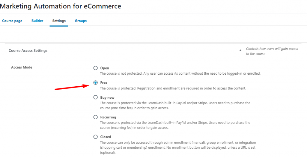 learndash settings, how to offer a free course