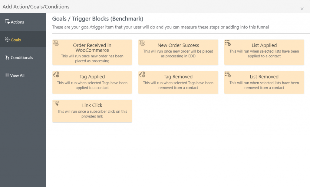 fluentcrm benchmarks/goals