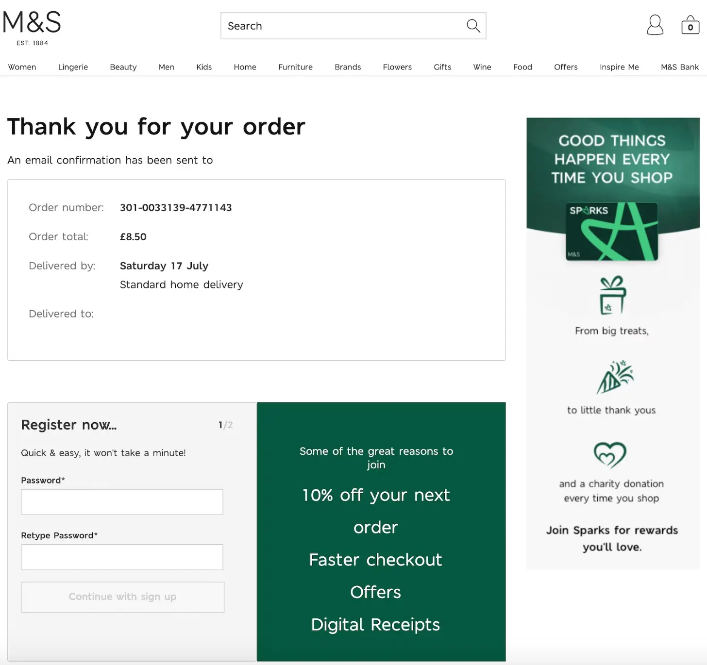 marks and spencer thank you page