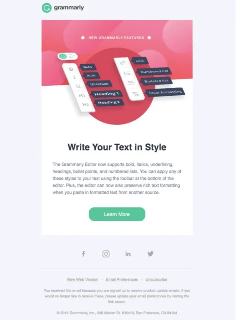 grammarly new feature announcement email