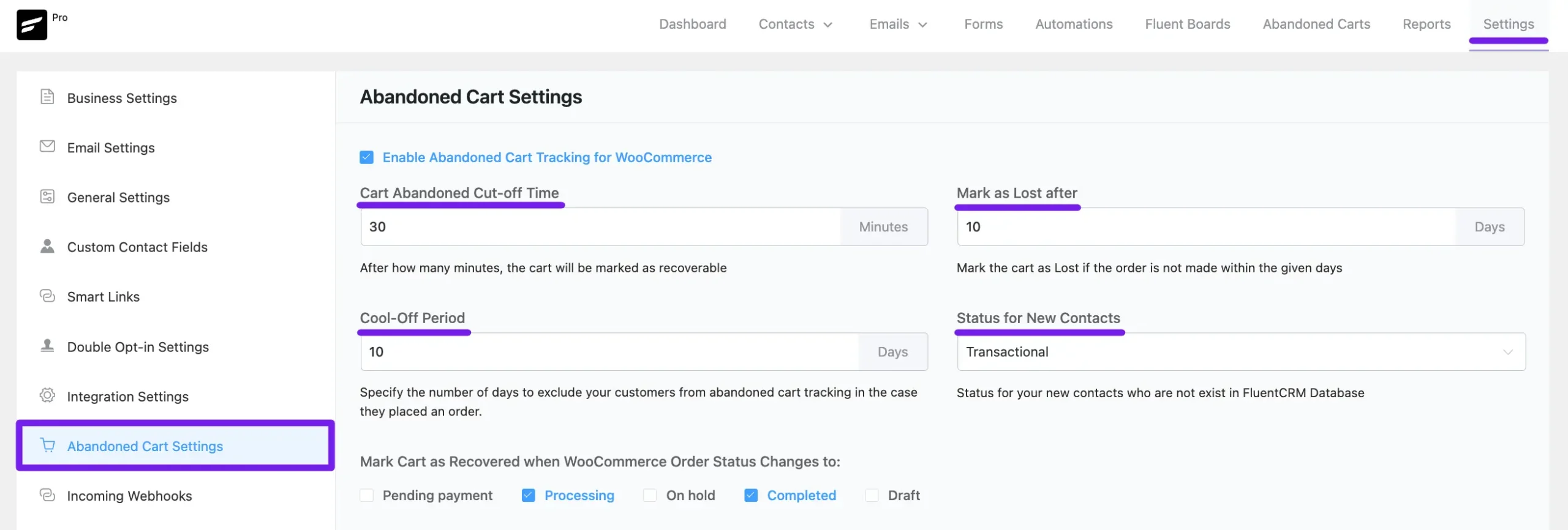 abandon cart settings fluentcrm 2