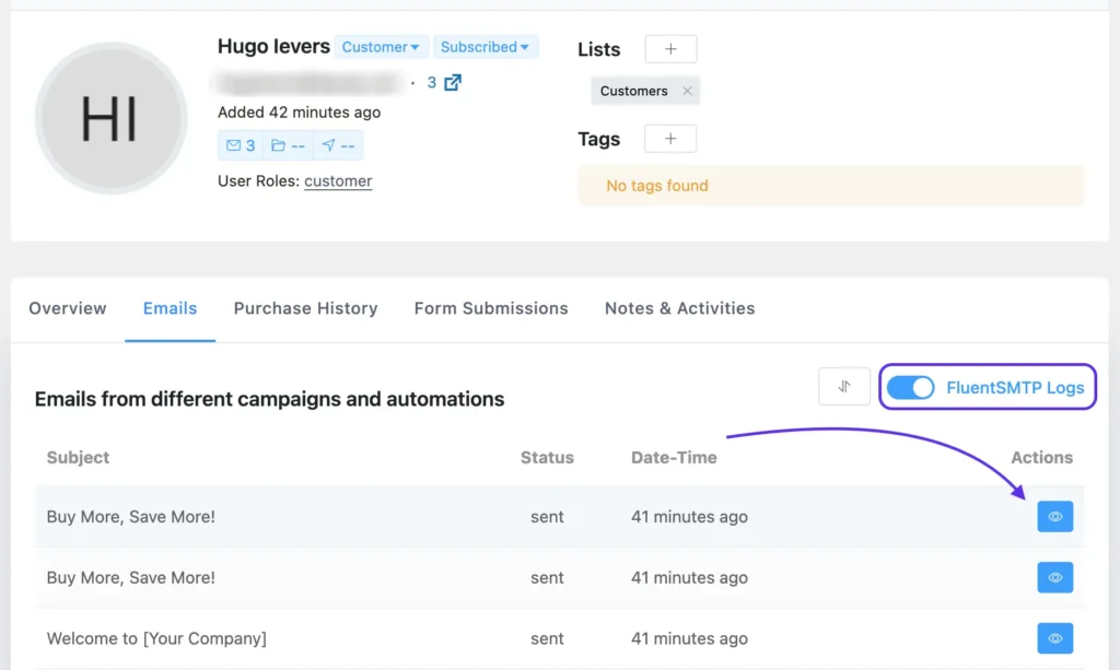 fluentsmtp email logs in contact