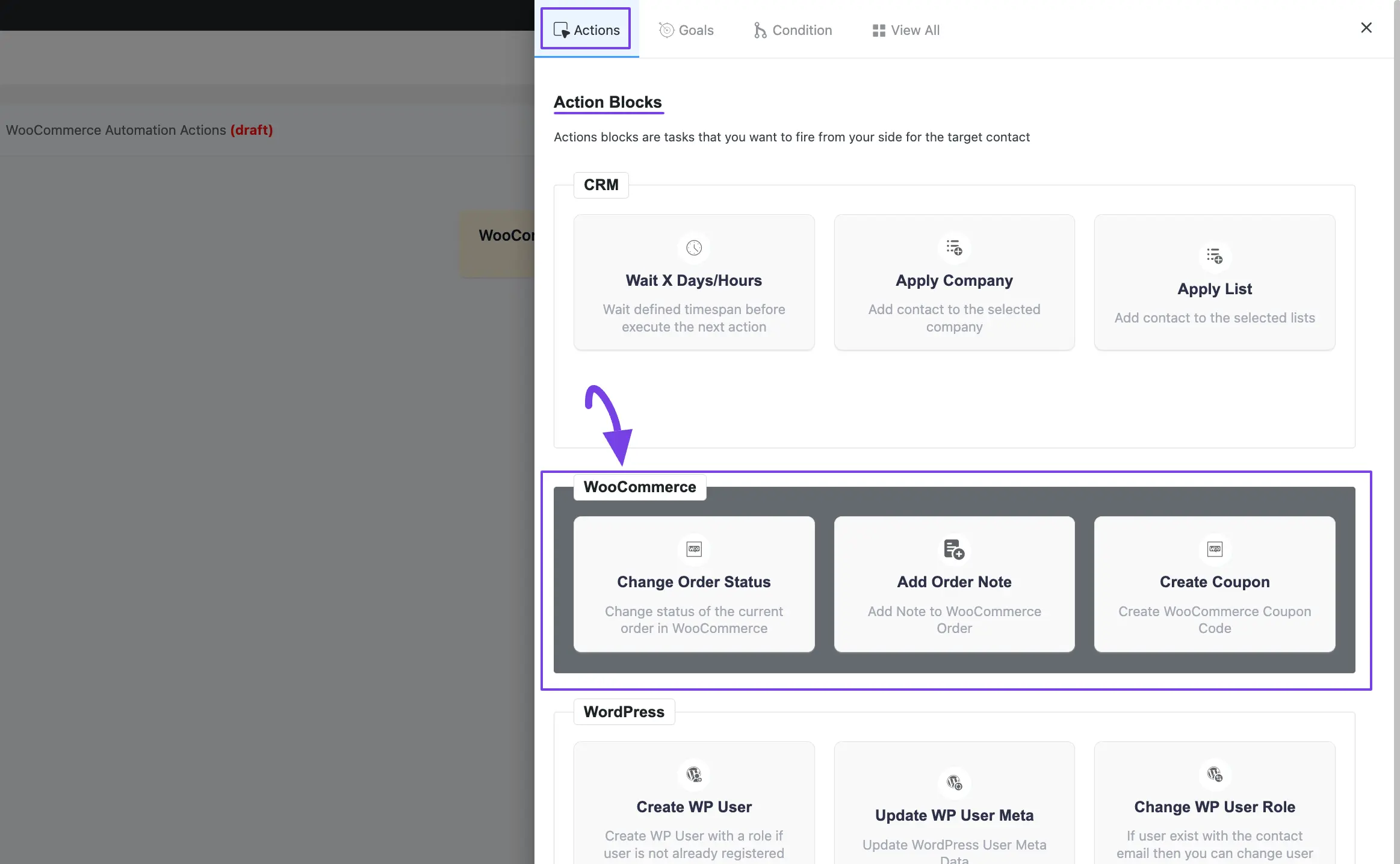 three woocommerce actions under actions blocks popup page