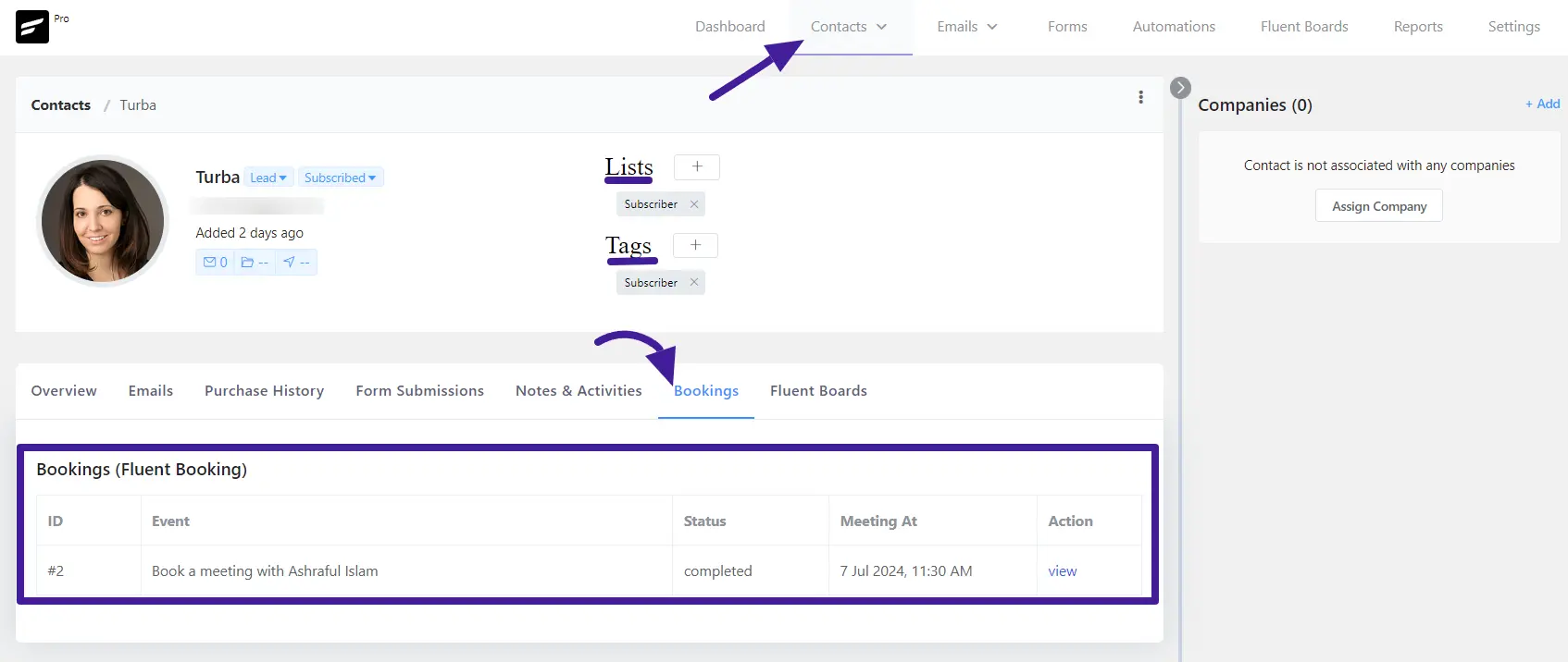 contact fluentcrm with fluent booking