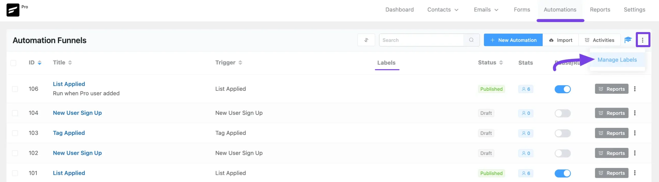 Manage labels button from three dot icon under automations