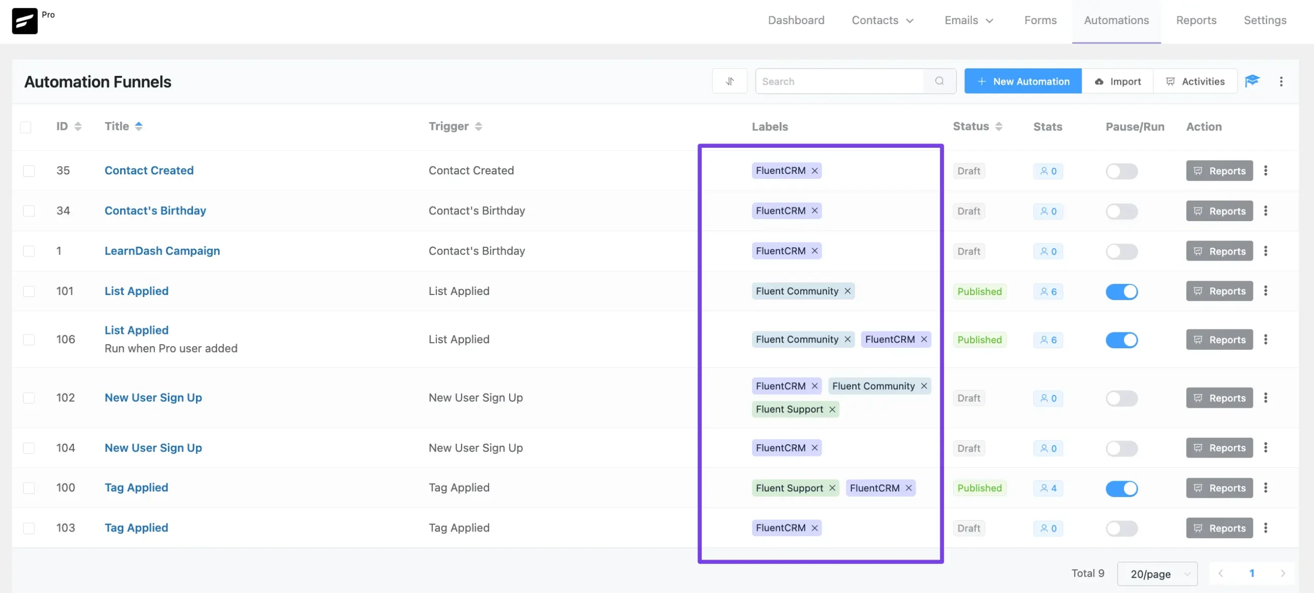 Labels added to selcted automations