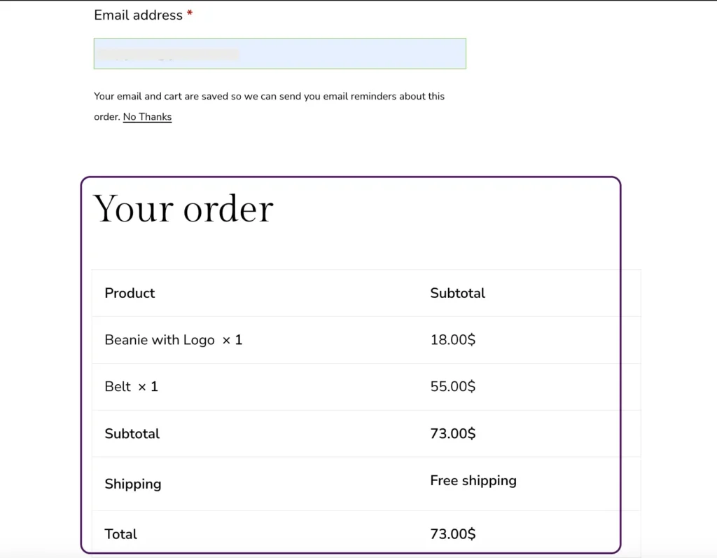 order details in abandoned cart