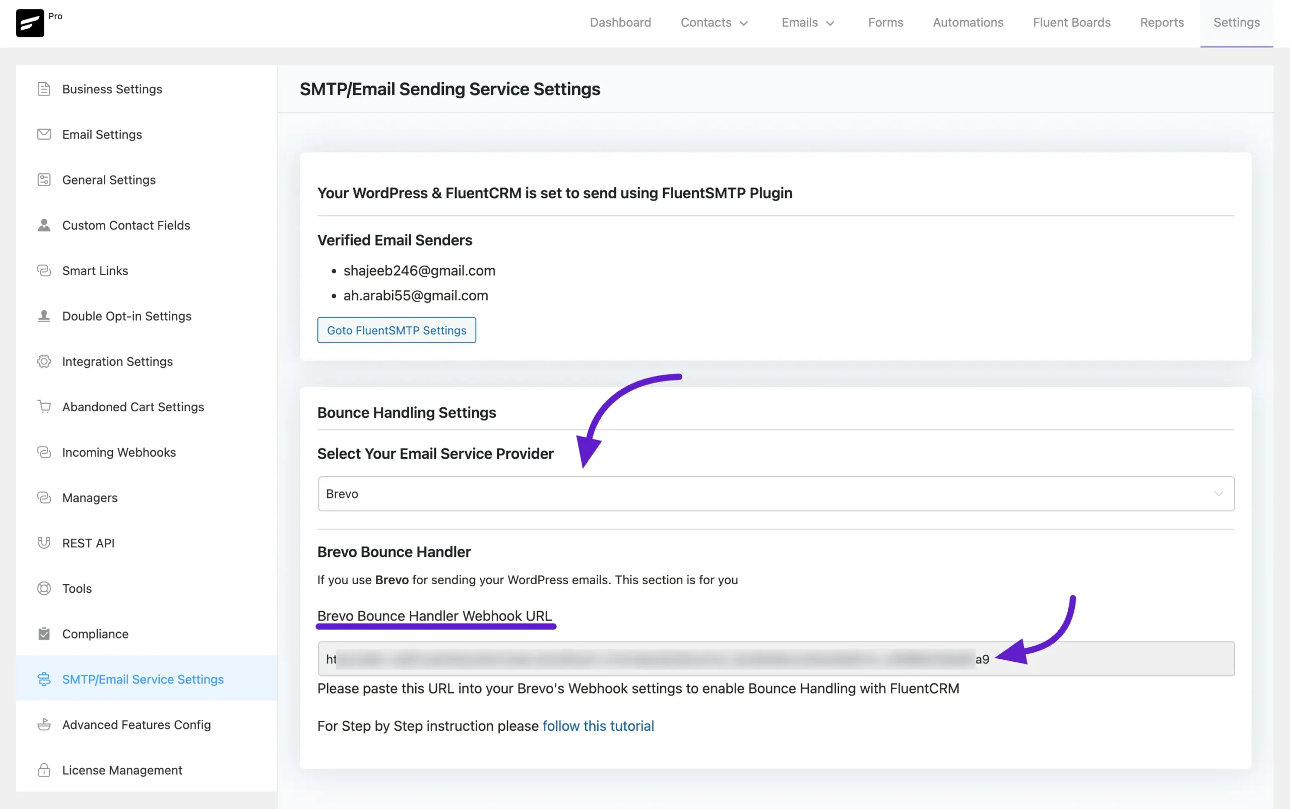 fluent crm brevo settings