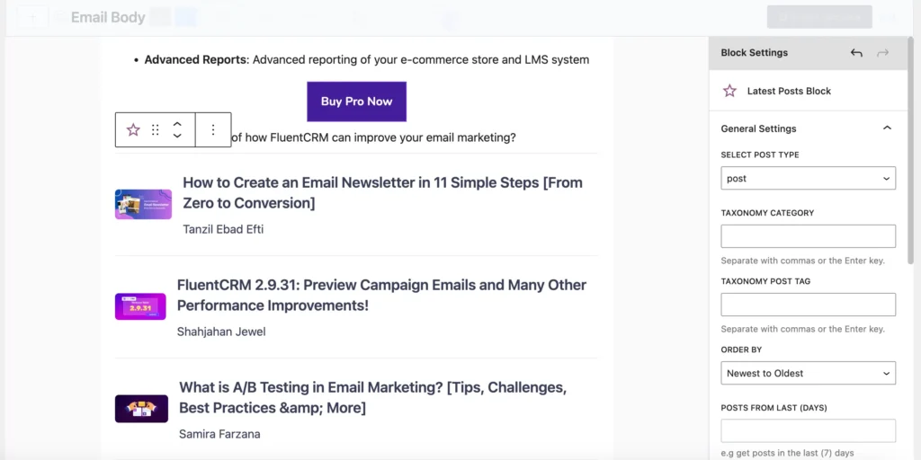 Create an email newsletter: Latest Post Block