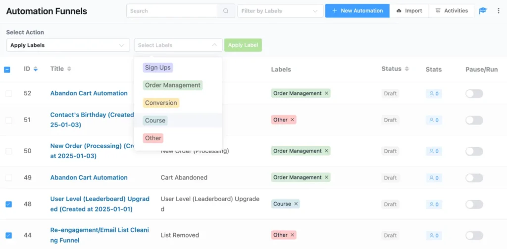 fluentcrm automation label color