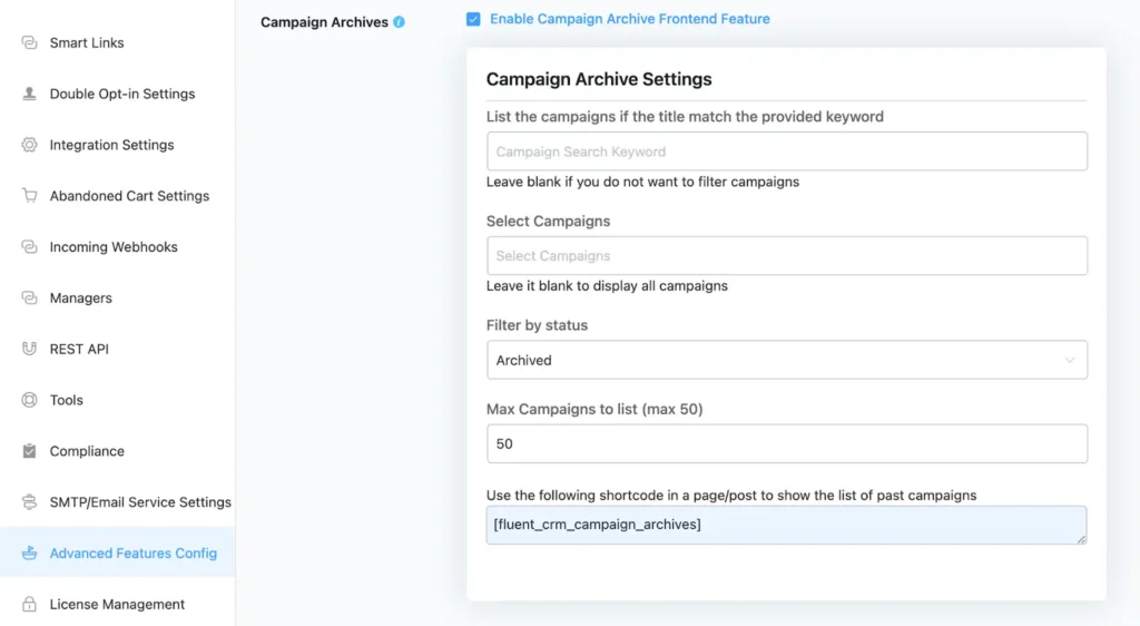 new fluentcrm email campaign archive filters