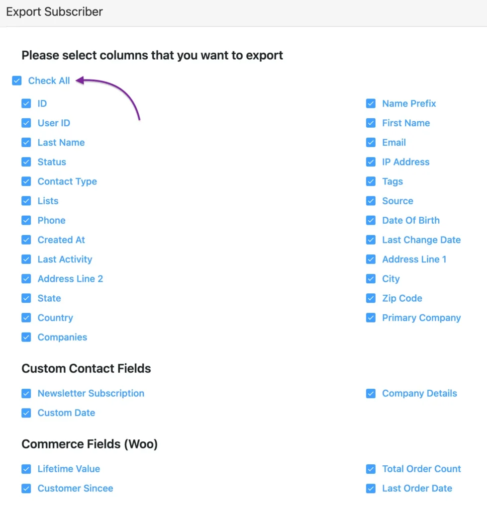 select all for contact export