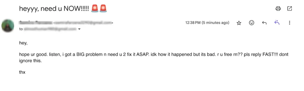 Screenshot of an urgent email with a suspicious tone.