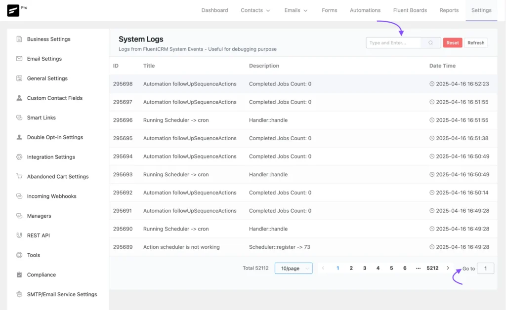 search functionality added to system log