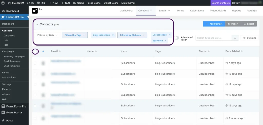 inactive users email list cleaning with fluentcrm