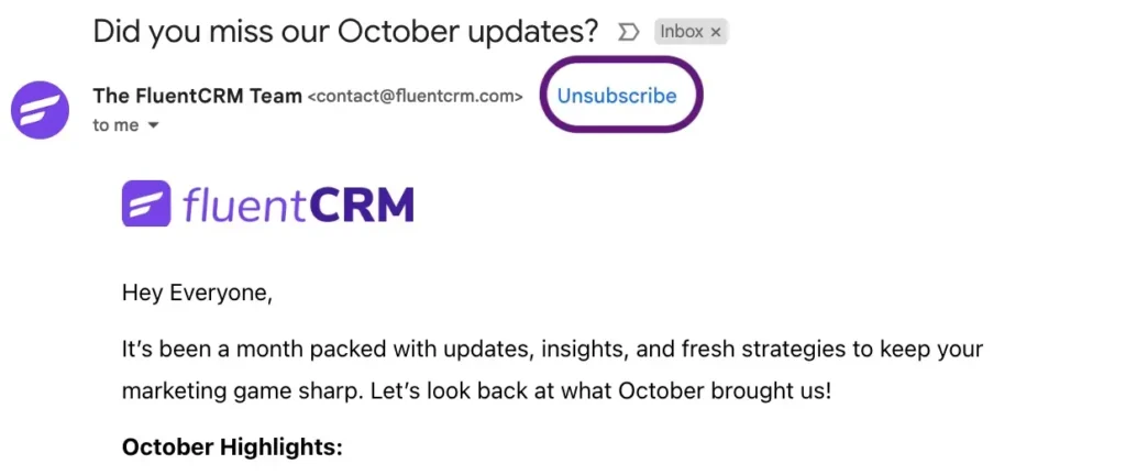 one click unsubscribe header fluentcrm