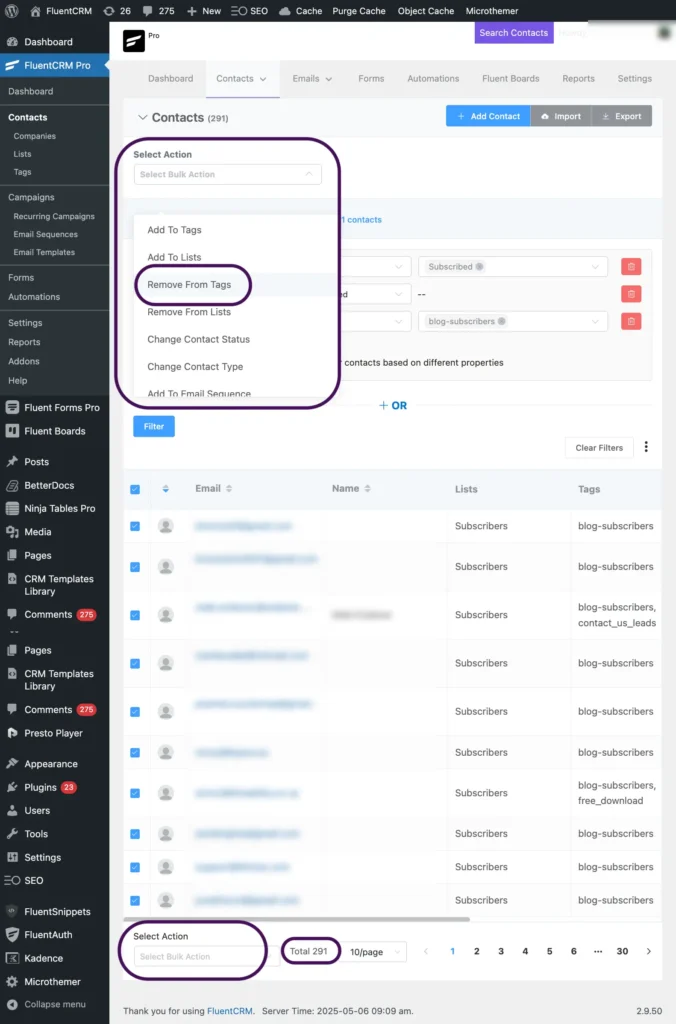 bulk action remove from contact