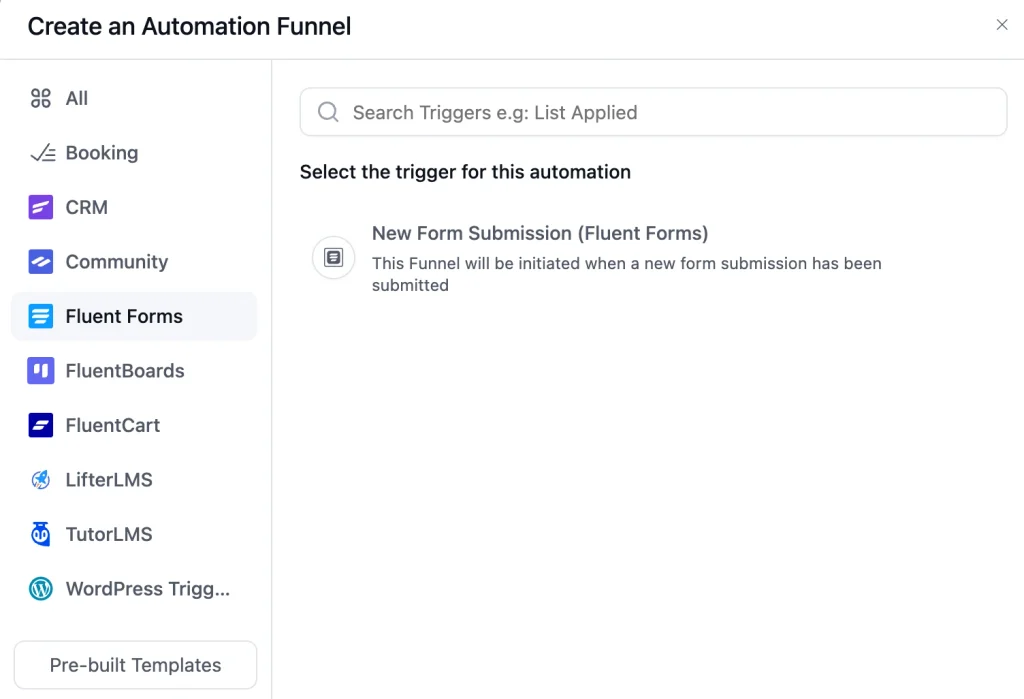 UI screen for selecting an automation trigger in Fluent Forms.