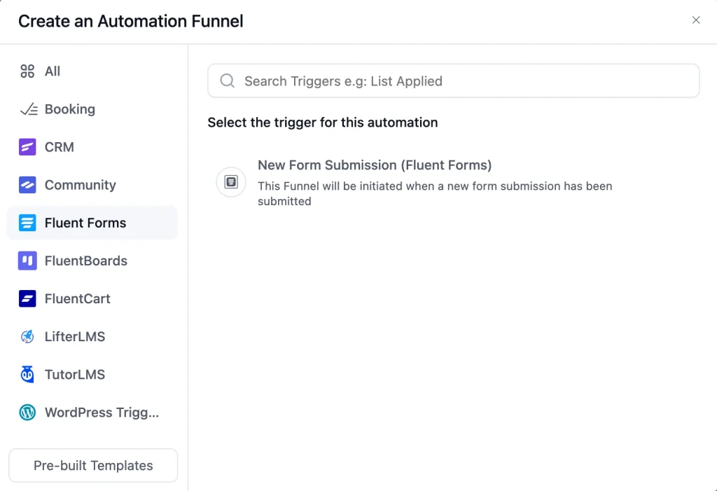 Interface for creating an automation funnel with trigger selection.