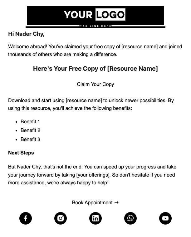 Professional email template for welcoming subscribers and delivering resources.