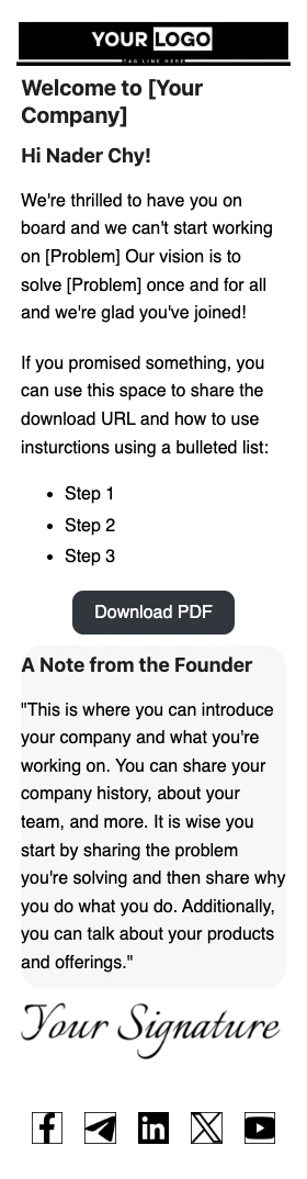 Professional welcome email template with placeholder text and icons.