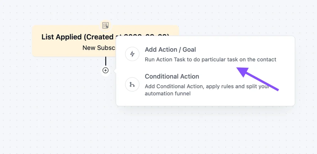 Automation workflow interface with popover menu for adding actions.