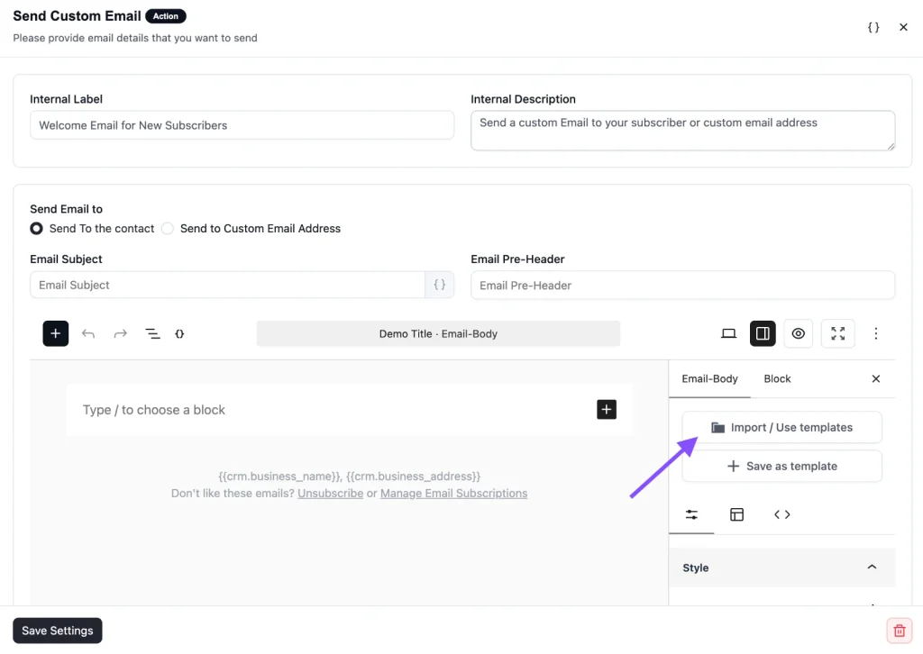Web interface for sending custom emails highlighting template import option.
