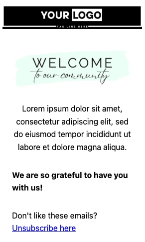 Welcome email template with placeholder logo and text.
