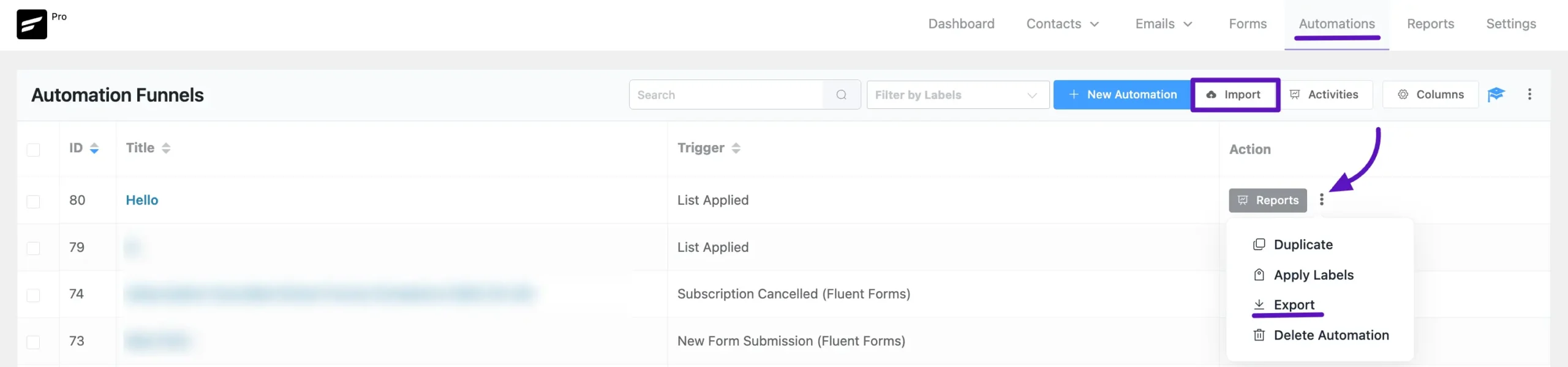 automations funnel export import