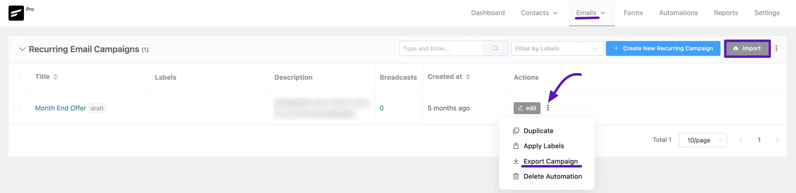 recurring email campaigns export import