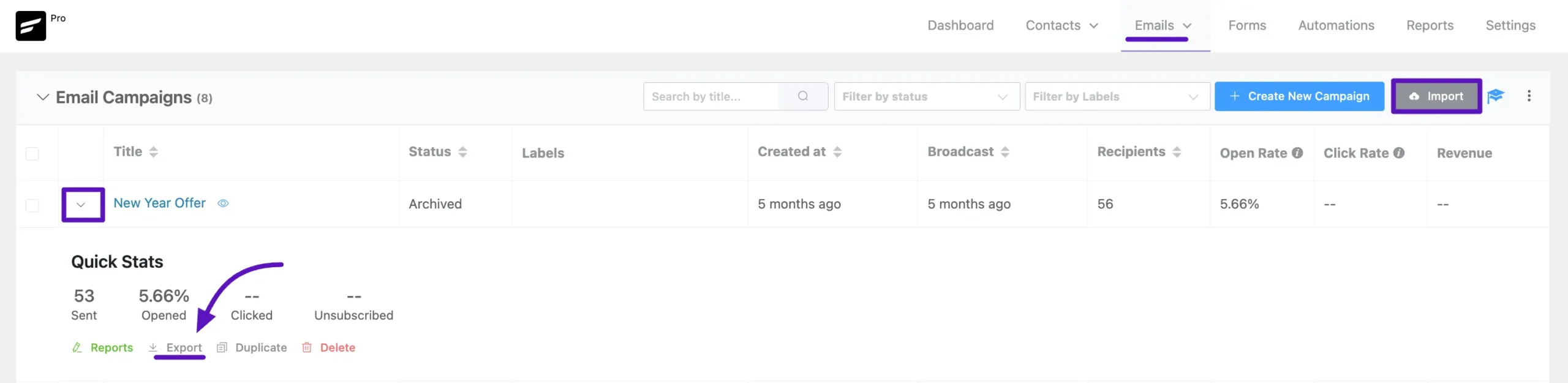 email campaign export import