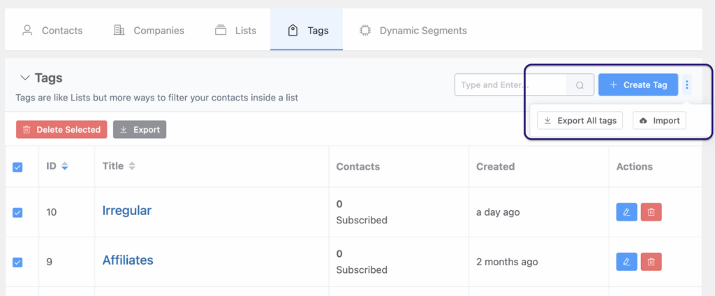 import export lists and tags