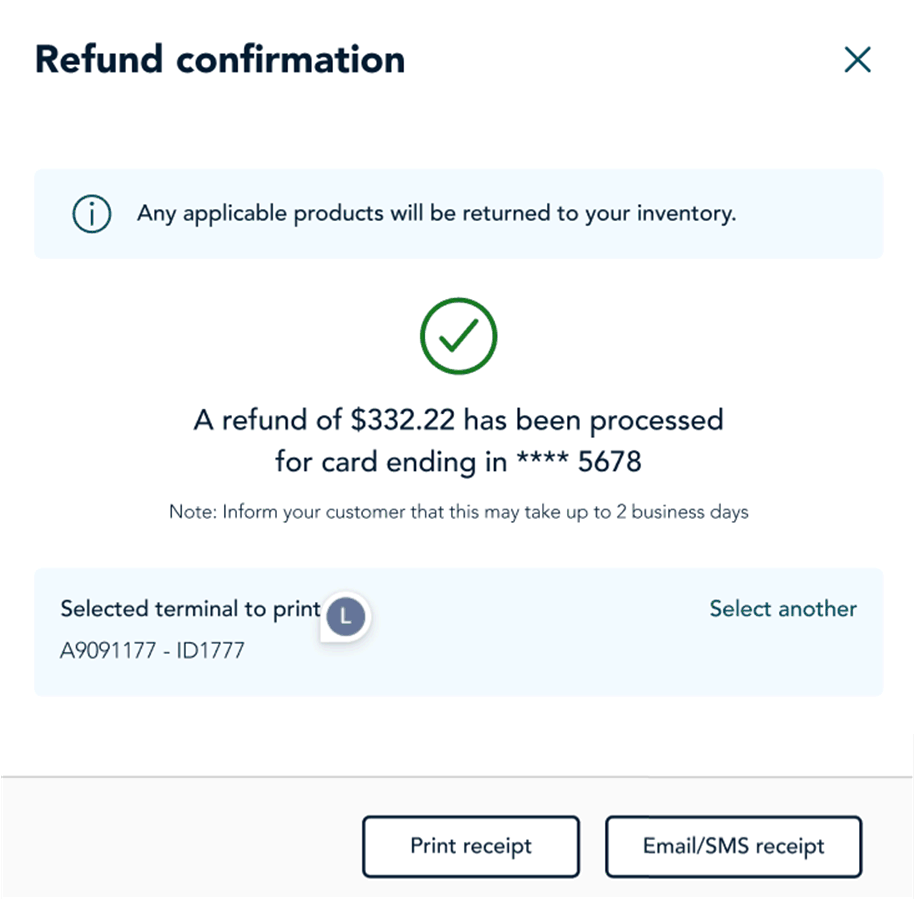 refund confirmation receipt buttons