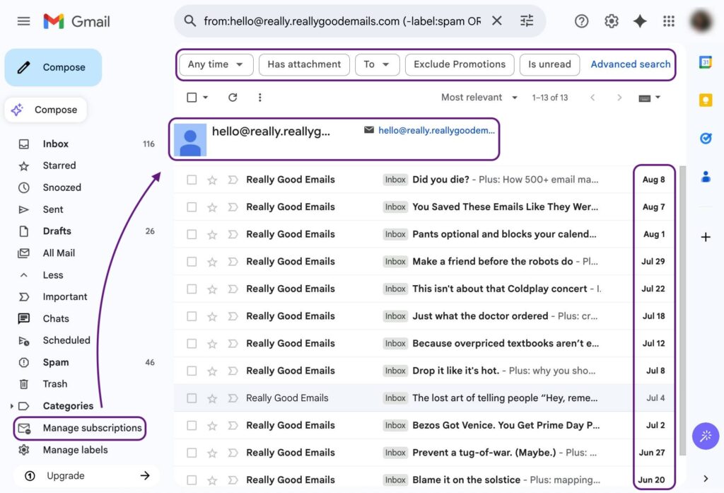 explore emails from each sender