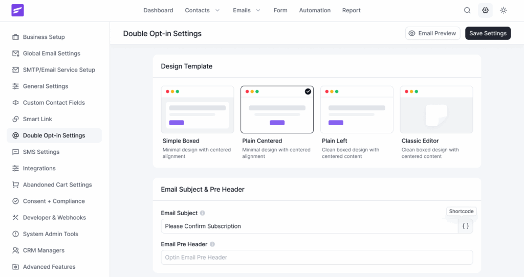 FluentCRM double opt in settings