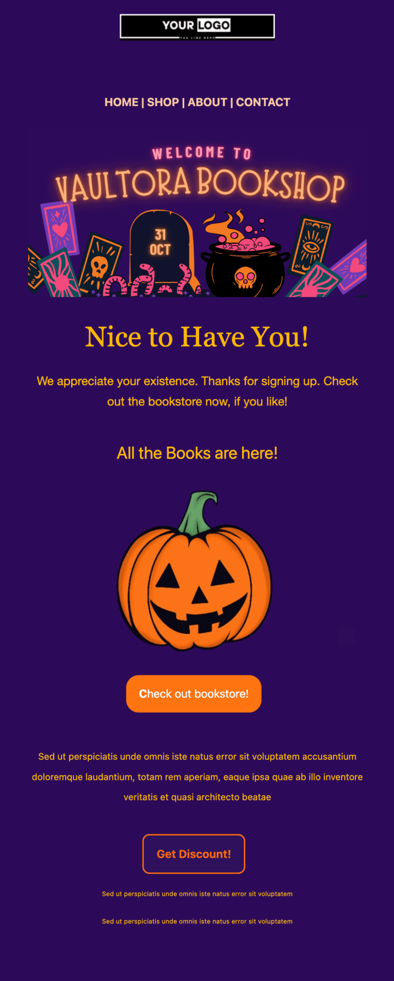 halloween welcome email template desktop view