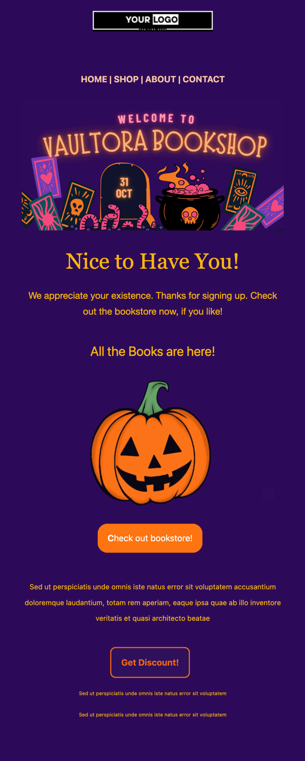 halloween welcome email template desktop view