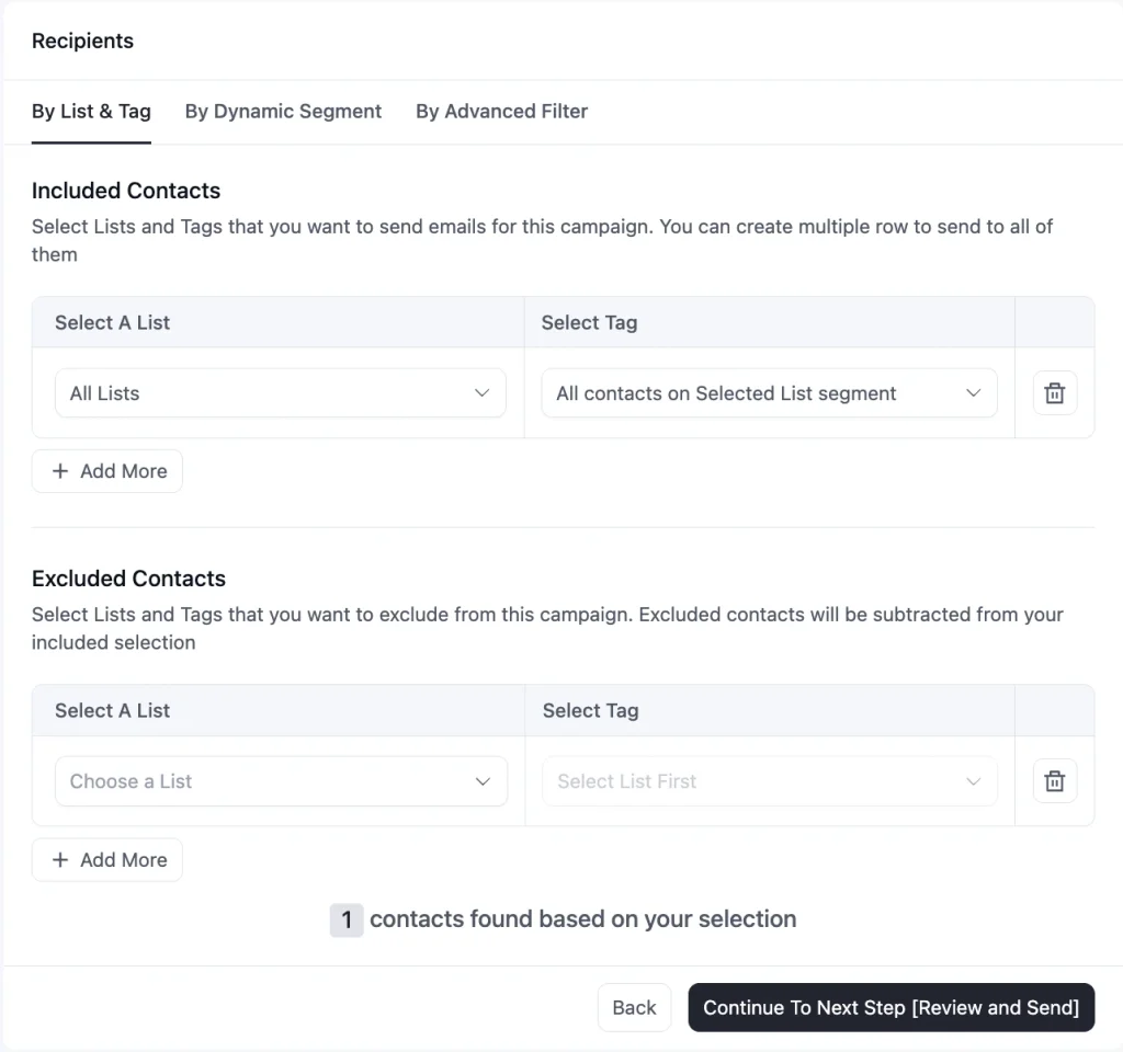 Recipients selection screen for an email marketing campaign.