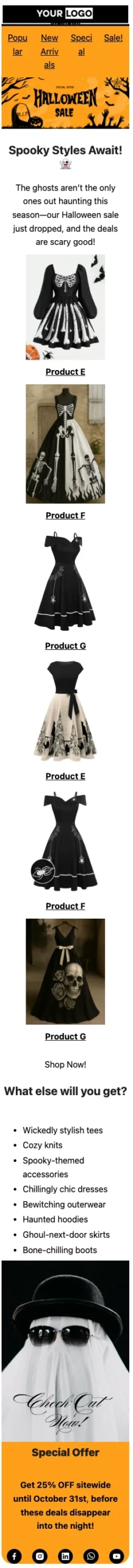 Promotional email for a Halloween sale featuring themed dresses.
