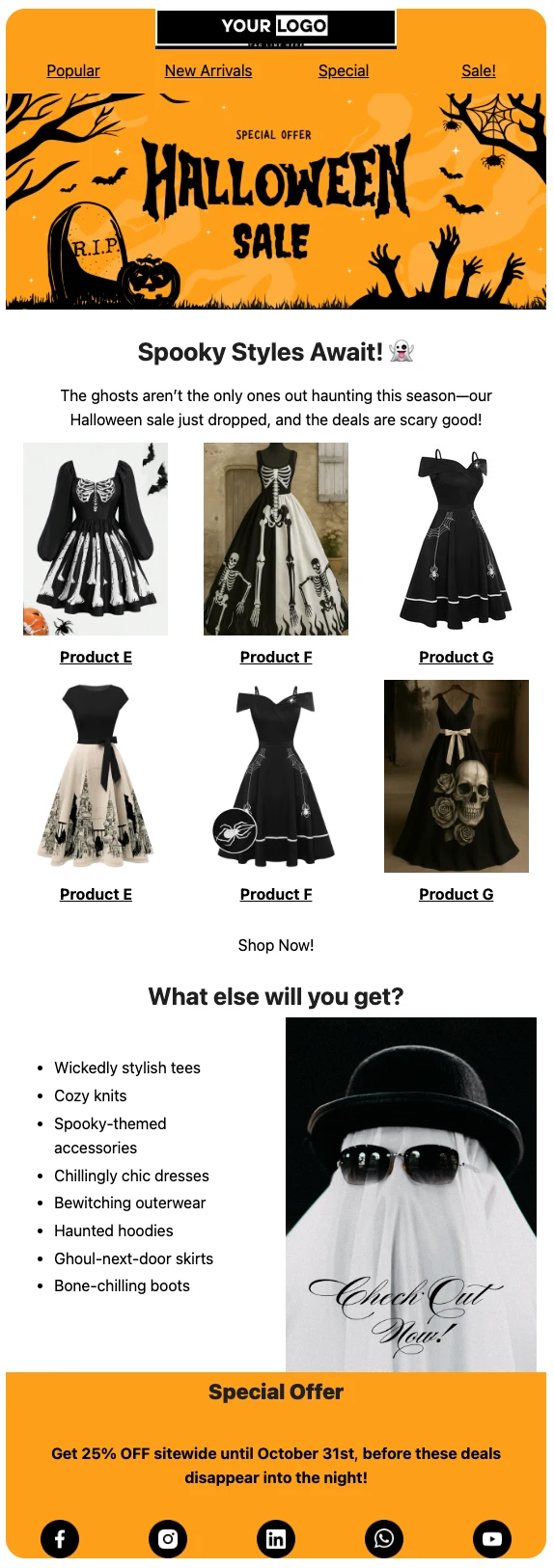 Halloween fashion sale advertisement featuring spooky themed dresses and discounts.