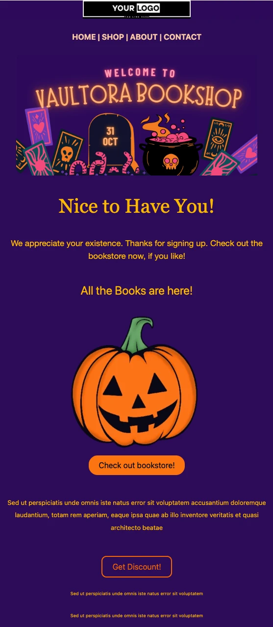 Halloween-themed welcome email for Vaultora Bookshop with a jack-o'-lantern.