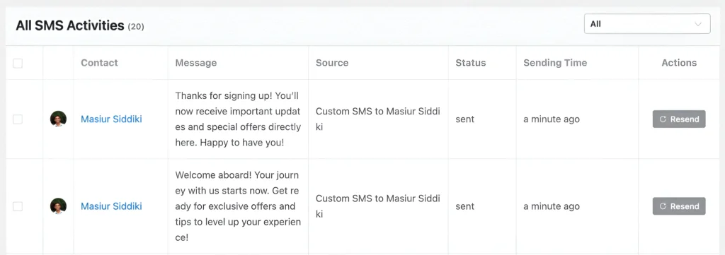 see contact's sms history