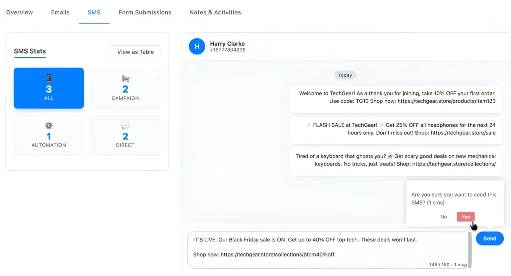 see detailed SMS Performance by Each Contact