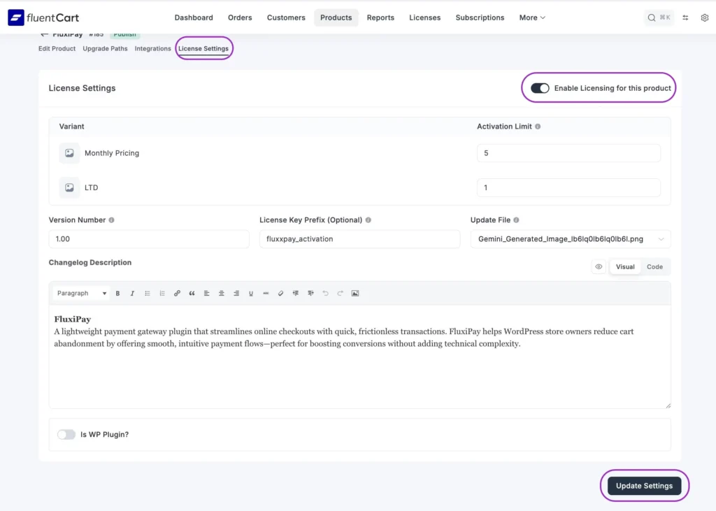 update product license