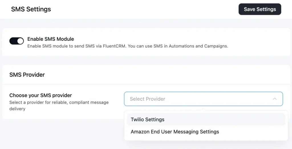 fluentcrm sms settings twilio and amazon ses