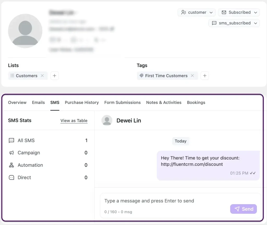 fluentcrm sms chatbox