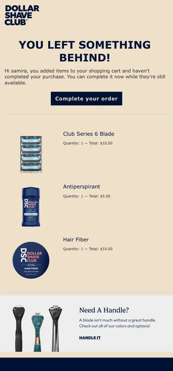 dollar shave club abandoned cart email