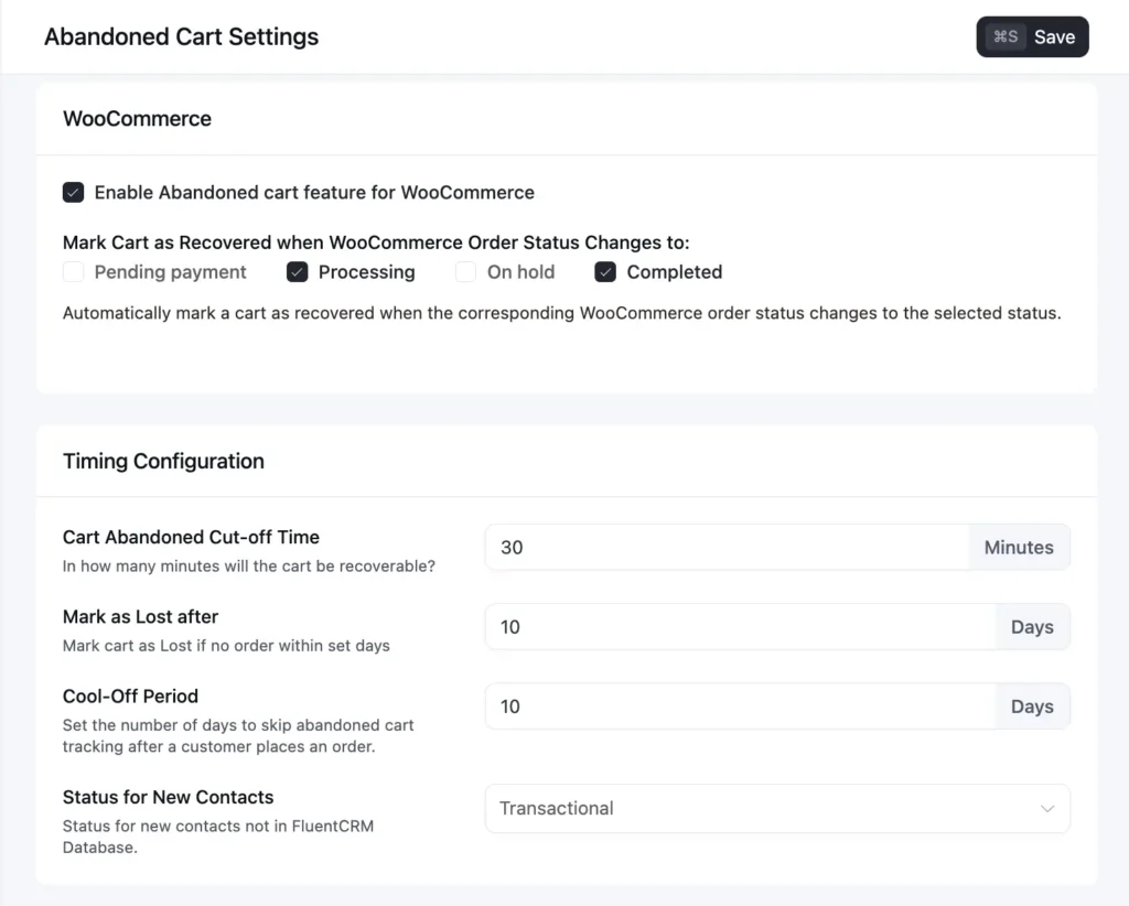 fluentcrm woocommerce abandoned cart configuration