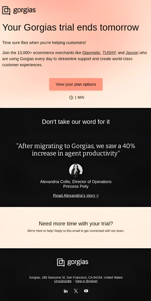 Real-Life Social Proof Lead Nurturing Email Template: Gorgias