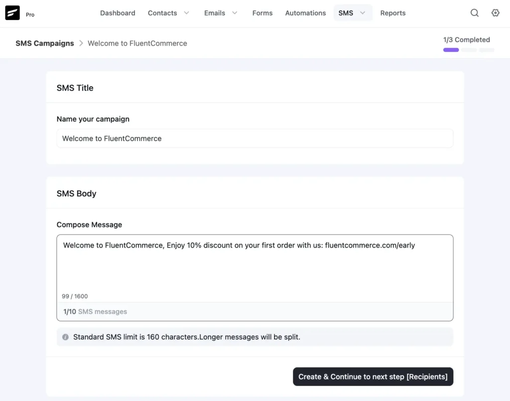 fluentcrm sms campaign